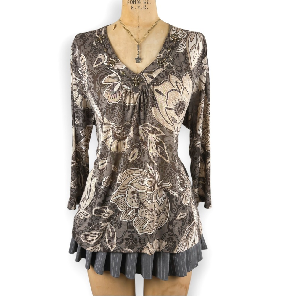 Y2K Floral Beaded Top Burnout 3/4‎ Sleeve Whimsigoth Fairy Boho Earthy Size L